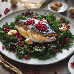 Sea Bass with Brazil Nuts, Kale, and Pomegranate's Image