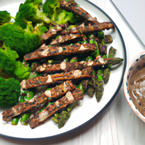 Tempeh Strips with Almond Sauce and Broccoli's Image